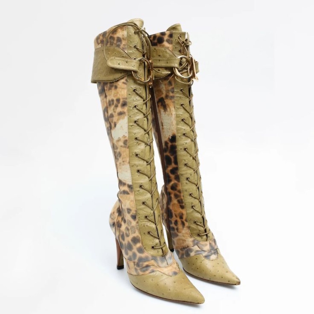 Christian Dior CD Logo Green Cheetah Print Boots 36
